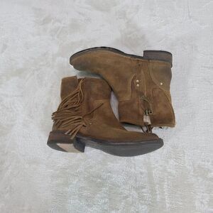 UGG 1002856 Layne 6.5 Brown Fringed Suede Side Zip Ankle Boots Smashed Buffed